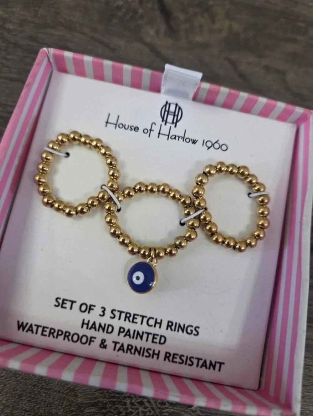 House of Harlow 1960 Gold Beaded Stretch Rings with Blue Evil Eye Charm Set Of 3